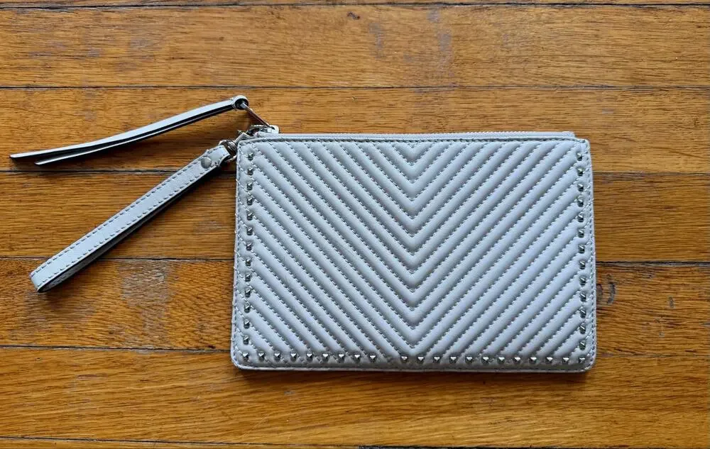 REBECCA MINKOFF Quilted Light Gray Studded Wristlet Clutch